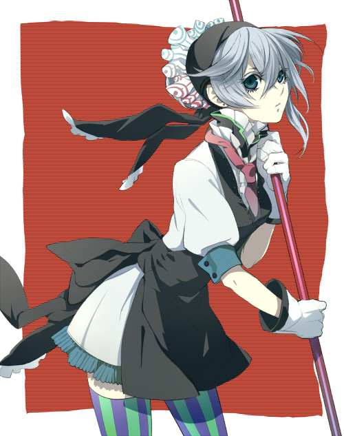 bad_id, bandana, blue_hair, frills, gathers, gloves, green_eyes, headband
