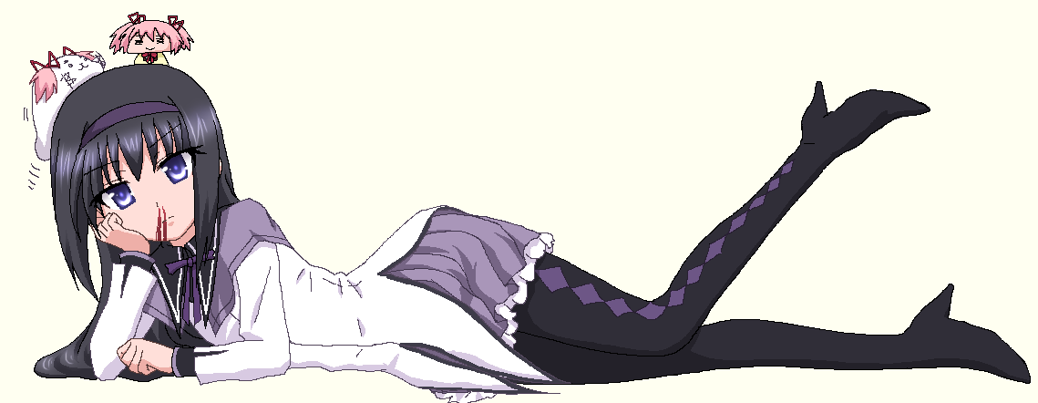 1girl, 2girls, :3, =_=, akemi_homura, animalization, black_hair, blood