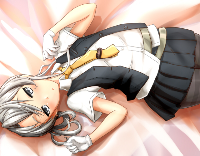 1girl, asymmetrical_hair, bangs, belt, black_legwear, blouse, blush, collared_shirt