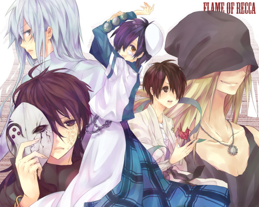 5boys, androgynous, aoi_(rekka_no_honoo), bandage_on_face, bishounen, blonde_hair, blue_eyes, blue_hair