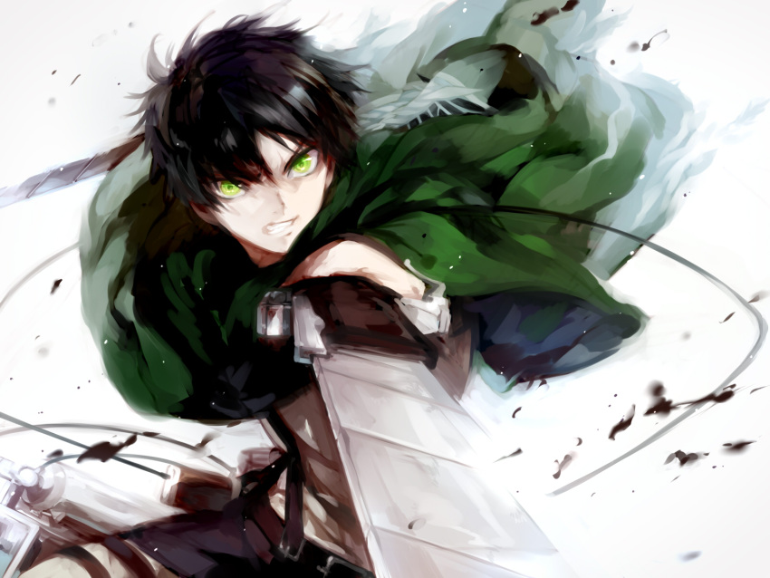 1boy, angry, black_hair, blade, cape, eren_yeager, highres, matsunaka_hiro