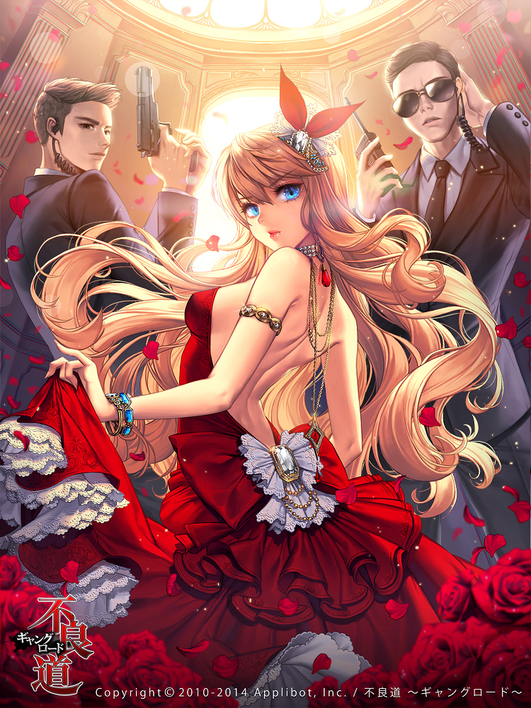 1girl, 2boys, armlet, back, backless, bare_shoulders, blonde_hair, blue_eyes