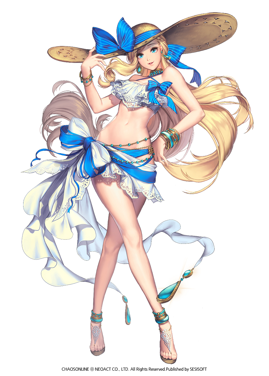 1girl, anklet, bare_shoulders, bikini, blonde_hair, blue_eyes, bracelet, braid, chaos_heroes_online, choker, company_name, copyright_name, criss-cross_halter, earrings, edelyn, french_braid, halter_top, halterneck, hand_on_hip, hat, high_heels, highres, jewelry, lips, long_hair, looking_at_viewer, love_cacao, midriff, navel, official_art, parted_lips, ribbon, sandals, sarong, simple_background, smile, solo, straw_hat, swimsuit, very_long_hair, white_background