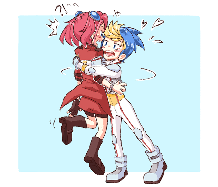 1boy, 1girl, bike_shorts, fingerless_gloves, gloves, hiiragi_yuzu, hug, jumpsuit, multicolored_hair, pink_hair, racing_suit, serena_(yuu-gi-ou_arc-v), serena_(yuu-gi-ou_arc-v)_(cosplay), short_twintails, single_glove, spoilers, tears, twintails, two-tone_hair, veebu, yugo_(yuu-gi-ou_arc-v), yuu-gi-ou, yuu-gi-ou_arc-v