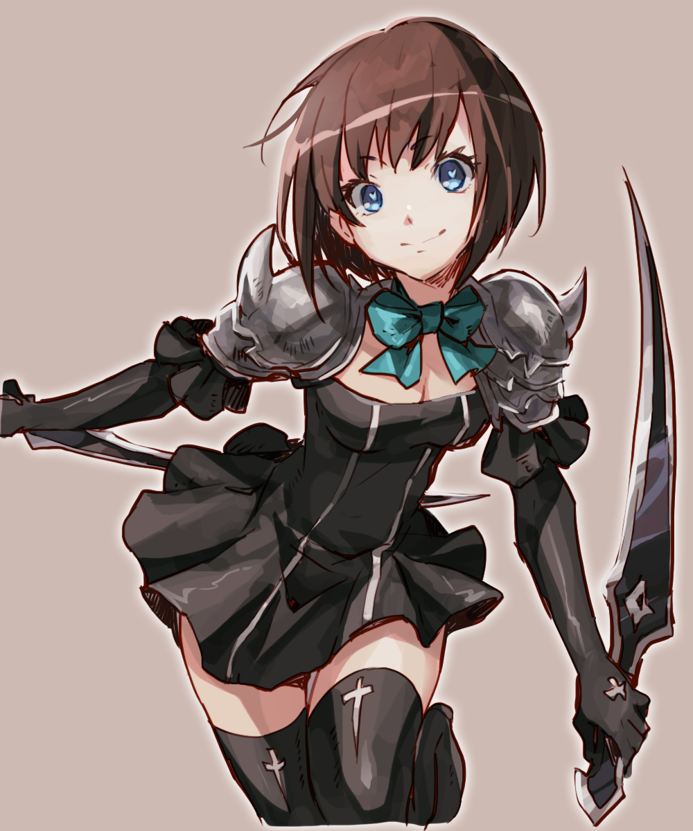 1girl, amazora_(terra_battle), awano_(matuno), blue_eyes, bow, brown_hair, dual_wielding, heart