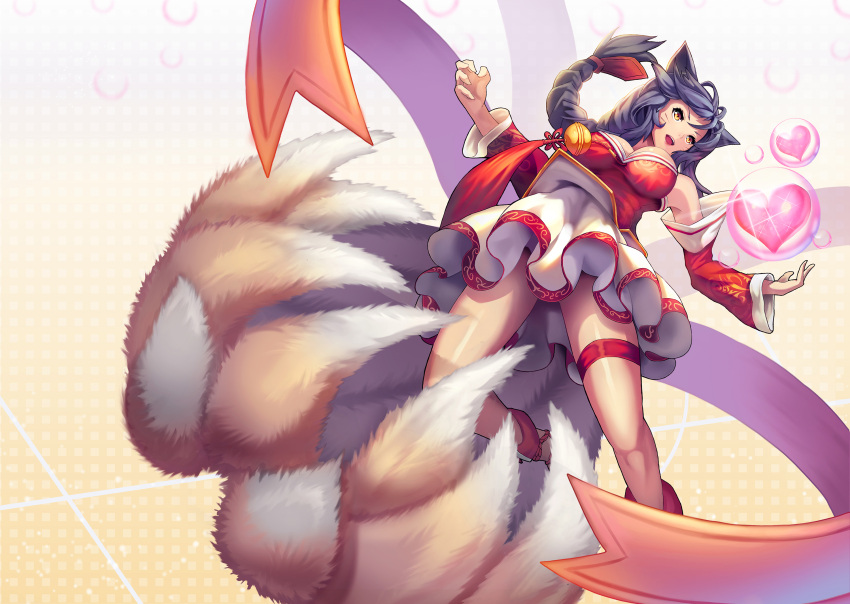 ahri, blue_hair, braid, breasts, detached_sleeves, fox_girl, fox_tail, from_below