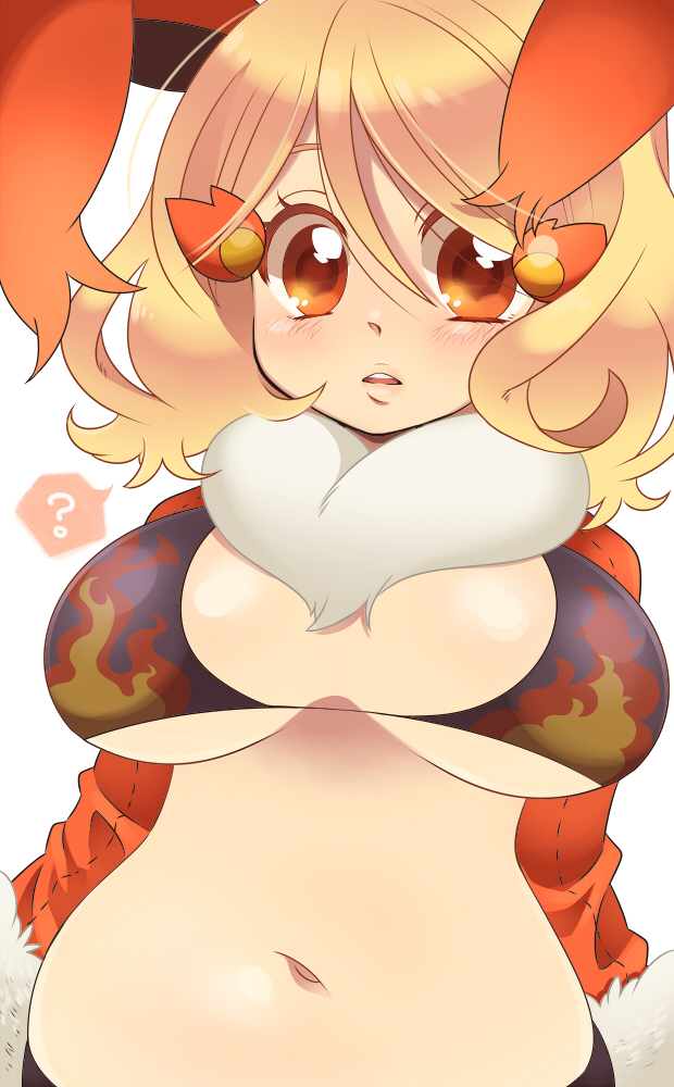 1girl, ?, blonde_hair, blush, breasts, cleavage, flareon, hair_ornament, large_breasts, navel, open_mouth, personification, pokemon, ponta_(bokuiki!), red_eyes, short_hair, simple_background, solo, white_background