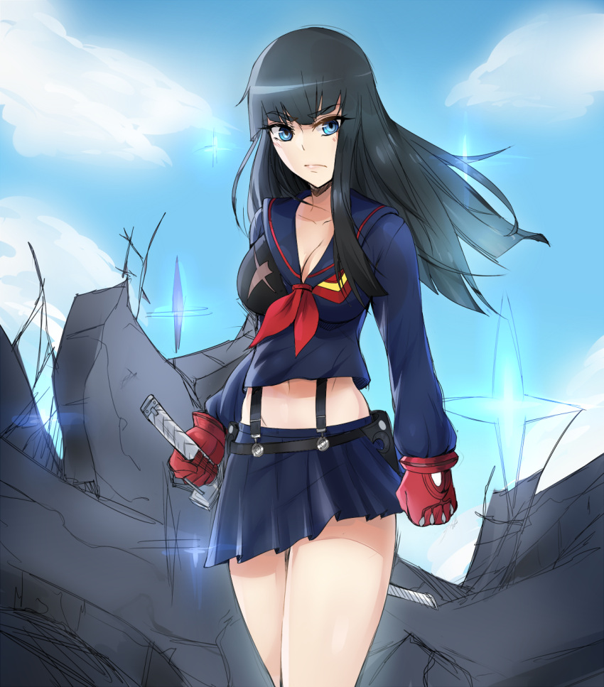 1girl, black_hair, blue_eyes, breasts, cleavage, eyebrows, gloves, highres
