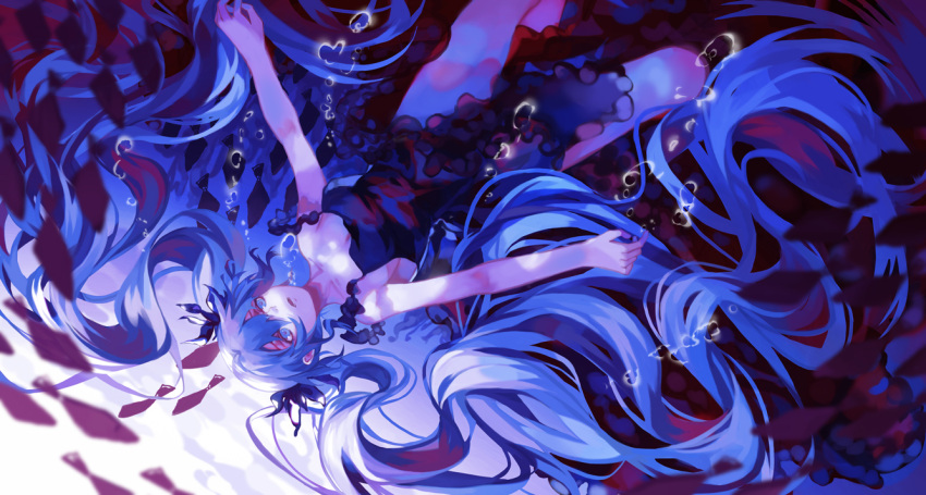 1girl, 91_(968087), absurdly_long_hair, air_bubble, bare_arms, black_dress, blue_eyes, dress