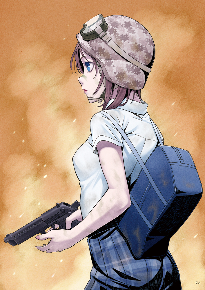 1girl, bag, beretta_92, blue_eyes, breasts, brown_hair, camouflage_helmet, chin_strap