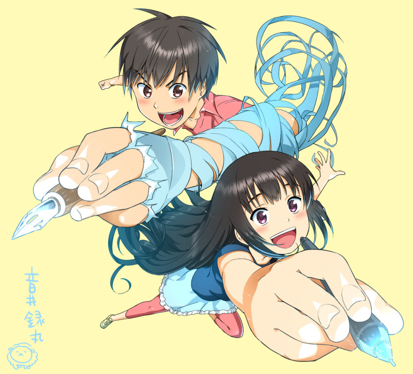 1boy, 1girl, brown_hair, g-pen, long_hair, original, smile, toire_komoru