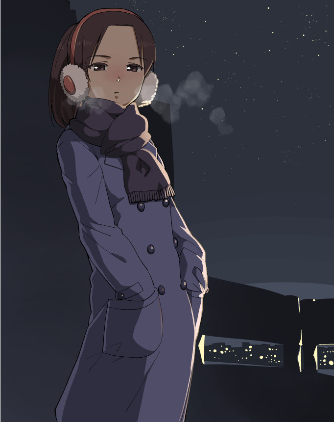 1girl, :t, brown_eyes, brown_hair, earmuffs, hands_in_pockets, looking_at_viewer, ojisan_to_marshmallow