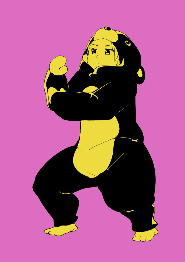 1girl, animal_costume, bear_costume, ojisan_to_marshmallow, purple_background, solo, toire_komoru, wakabayashi-san