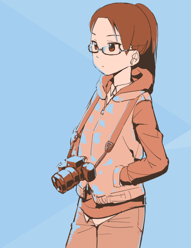 1girl, blue_background, camera, glasses, hands_in_pockets, hoodie, ojisan_to_marshmallow, ponytail