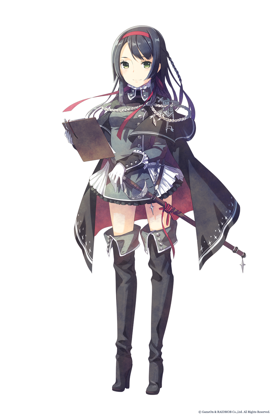 1girl, black_boots, black_hair, boots, boots_the_monkey, cape, clipboard, dress, dungeon_anywhere, full_body, gloves, green_eyes, h2so4, hairband, high_heel_boots, high_heels, highres, long_hair, looking_at_viewer, simple_background, smile, solo, sword, thigh-highs, thigh_boots, underwear, weapon, white_background, white_gloves