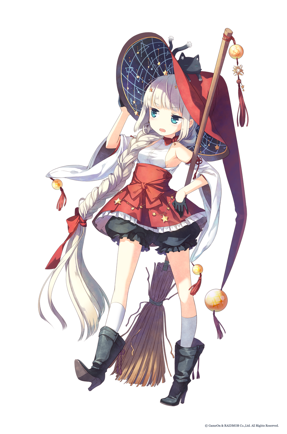 1girl, aqua_eyes, bare_shoulders, black_gloves, boots, braid, broom, cat