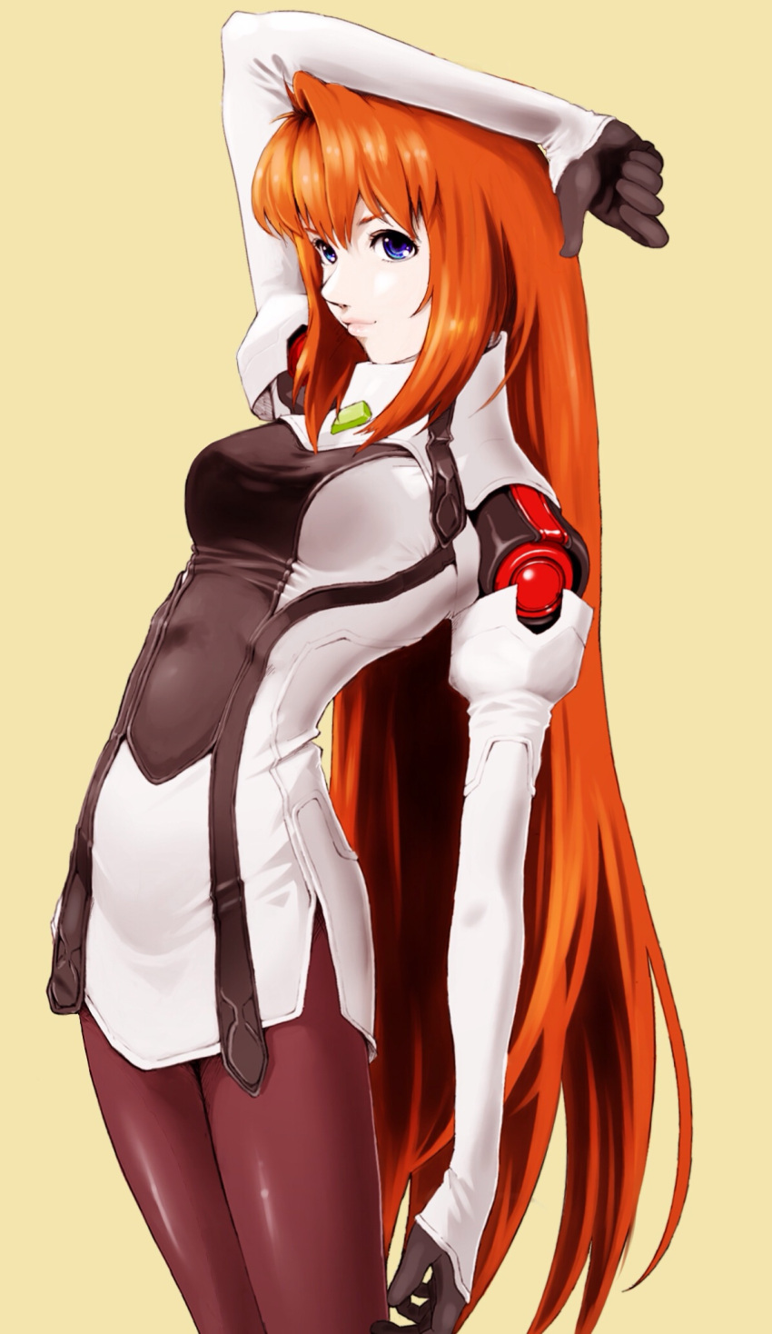 1girl, arm_up, blue_eyes, elhaym_van_houten, highres, lips, long_hair, orange_hair