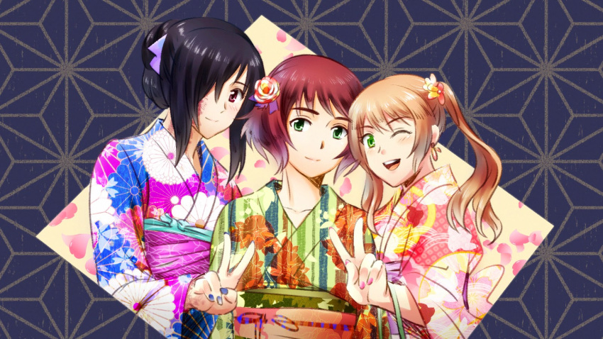 3girls, ;d, alternate_costume, alternate_hairstyle, black_hair, blonde_hair, brown_eyes, floral_print