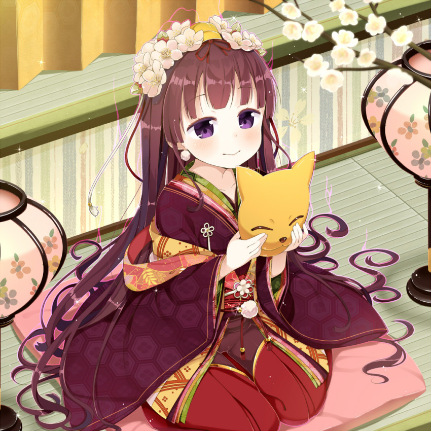 1girl, black_hair, flower, fox_mask, hair_flower, hair_ornament, japanese_clothes, kidatsu!_dungeons_lord