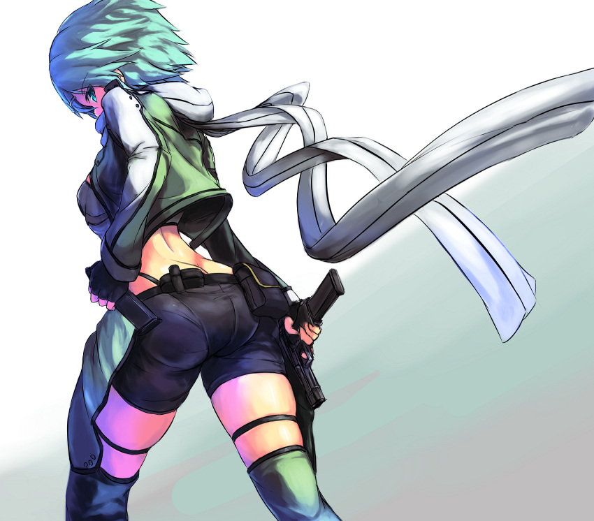 1girl, black_gloves, fingerless_gloves, from_behind, gloves, green_eyes, green_hair, gun, handgun, highres, looking_back, midriff, pistol, scarf, shinon_(sao), short_hair, shorts, solo, sword_art_online, tsukira_(amayadori), weapon