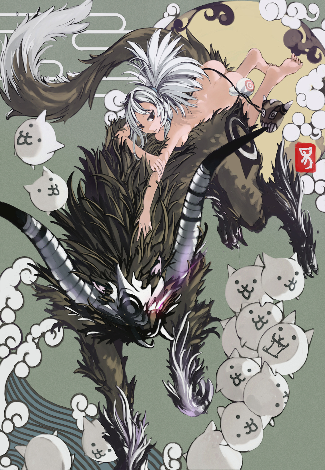 1girl, animal, ass, black_eyes, breasts, cat_(battle_cats), clouds, fangs