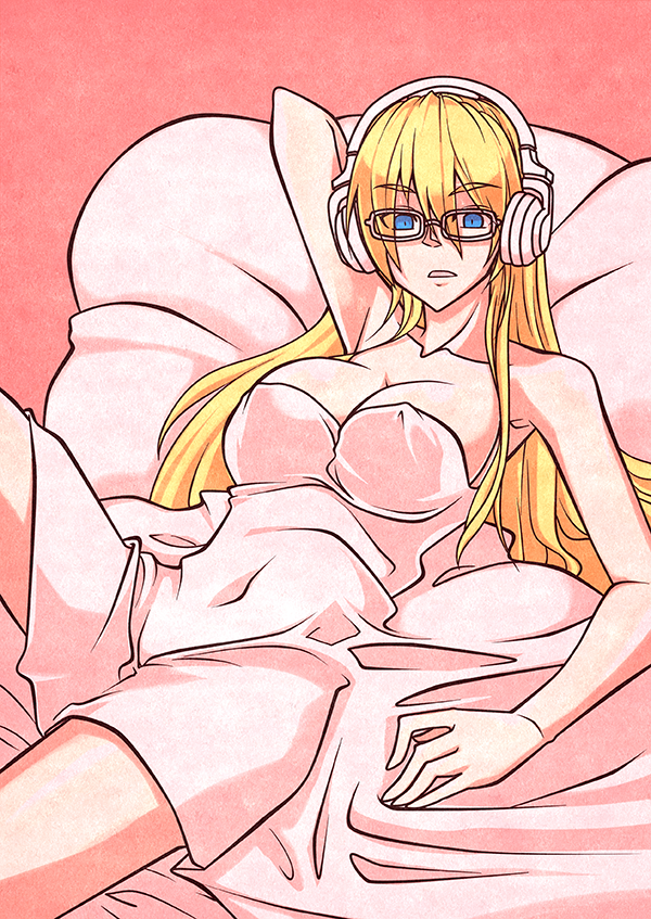 1girl, bed_sheet, blonde_hair, blue_eyes, breasts, glasses, gunslinger_stratos, headphones, jin_kashiwagi, large_breasts, long_hair, looking_at_viewer, lying, nude, olga_janetine, on_back, open_mouth, solo