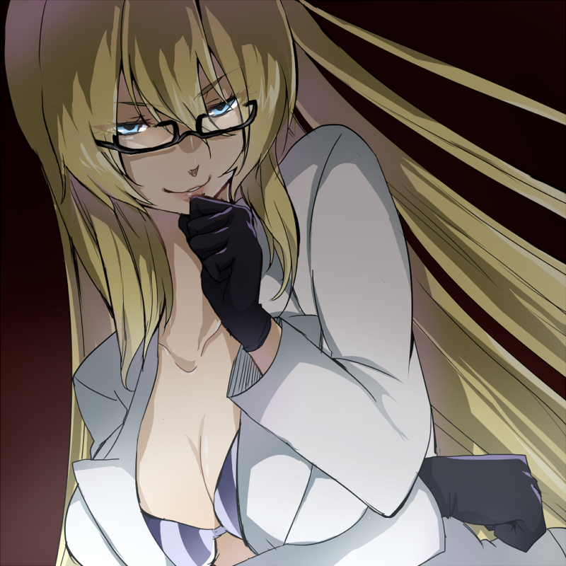 blonde_hair, blue_eyes, bra, breast_hold, breasts, chin_grab, evil_smile, glasses