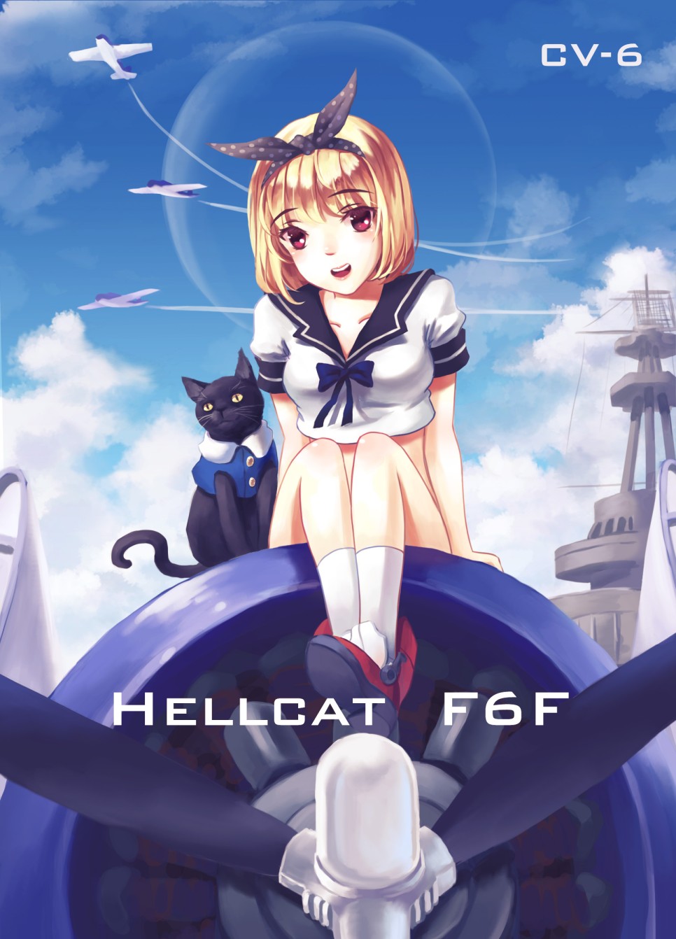 1girl, airplane, america, black_cat, blonde_hair, bow, cat, highres