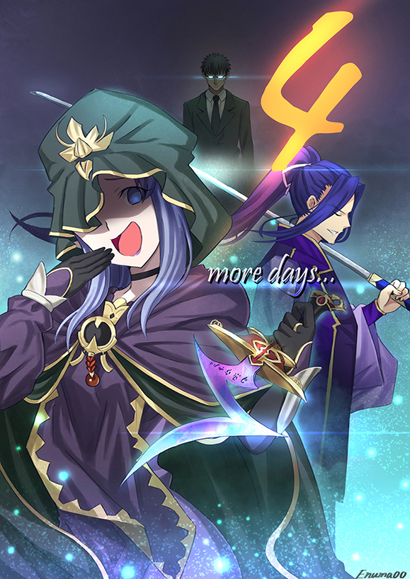 1girl, 2boys, aora, assassin_(fate/stay_night), blue_eyes, blue_hair, caster, dagger