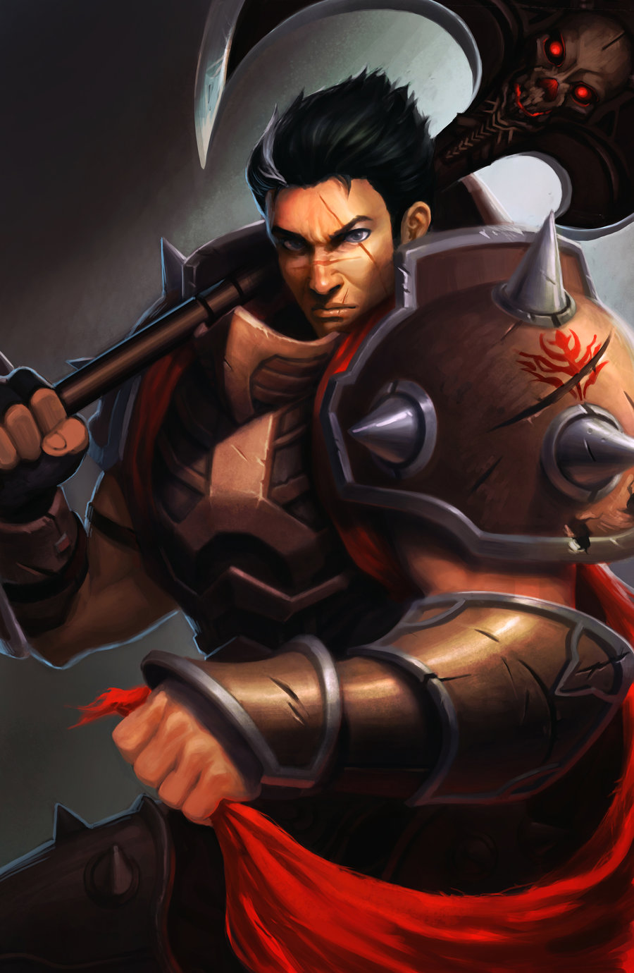 1boy, armor, axe, black_hair, bracer, darius_(league_of_legends), grey_eyes, highres, league_of_legends, looking_at_viewer, orenji-kun, over_shoulder, red_cape, scar, shoulder_armour, skull, weapon, weapon_over_shoulder