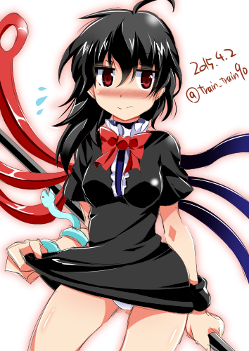 1girl, ahoge, asymmetrical_wings, black_hair, blush, embarrassed, flying_sweatdrops, houjuu_nue