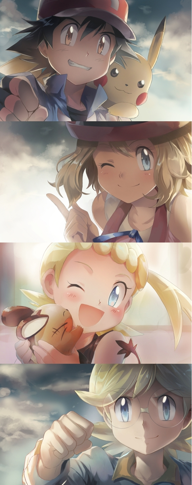 2boys, 2girls, black_hair, blonde_hair, blue_eyes, blush, brown_eyes, citron_(pokemon)
