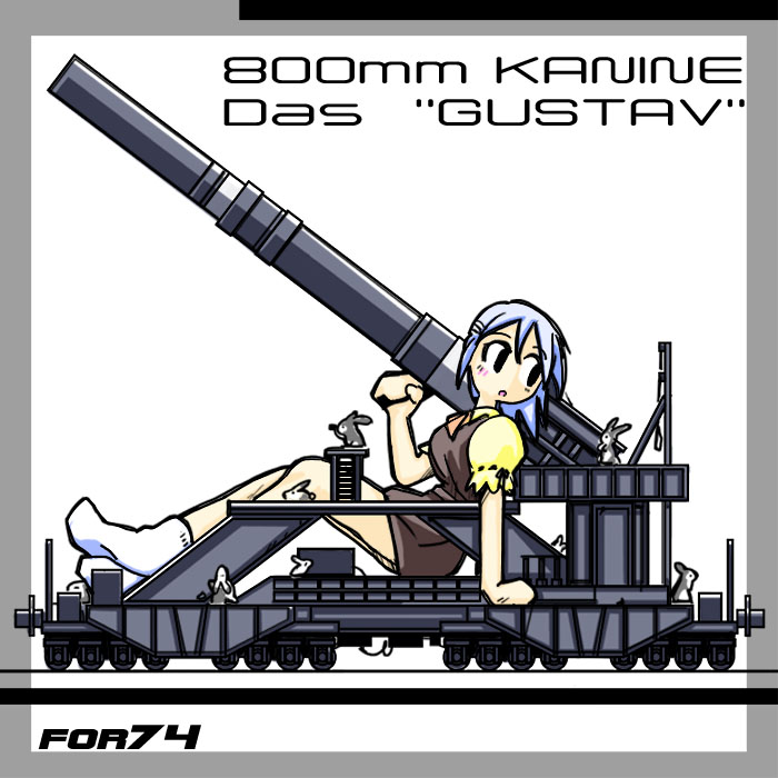 1girl, 8touhei, arm_support, ascot, black_eyes, blue_hair, character_name, dress, gun, hair_ornament, mecha_musume, military, no_shoes, open_mouth, original, personification, puffy_sleeves, rabbit, railway_gun, schwerer_gustav, short_sleeves, sitting, socks, weapon