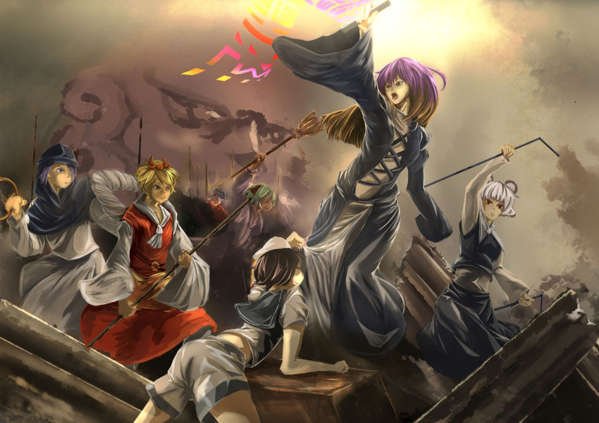 1boy, 6+girls, animal_ears, arms_up, bishamonten's_pagoda, black_hair, blonde_hair, blue_hair