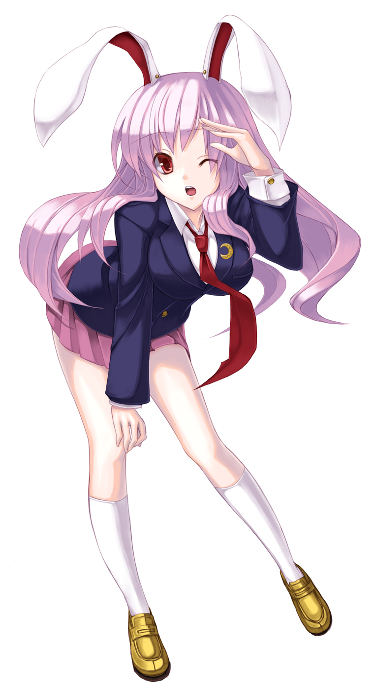 bad_id, blazer, bunny_ears, highres, kneehighs, loafers, long_hair, necktie