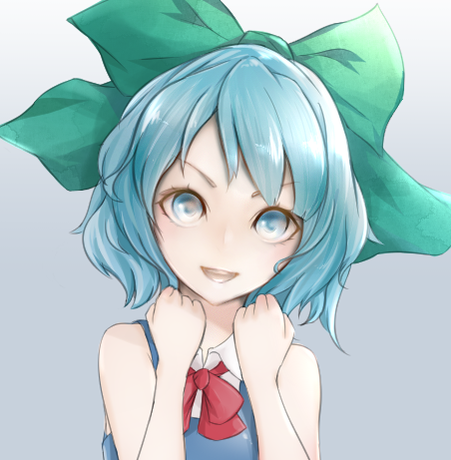 1girl, :d, ankh_(ankh_05), blue_eyes, blue_hair, bow, cirno, collared_shirt