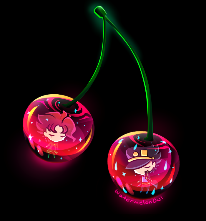 black_background, black_hair, cherry, chibi, food, fruit, gakuran, glowing