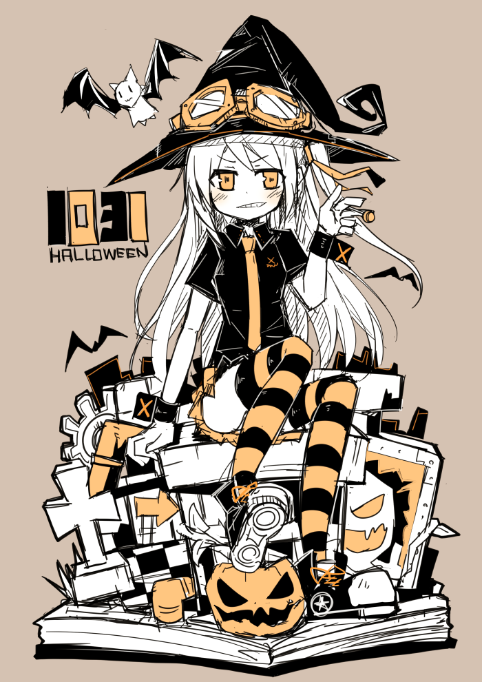 1girl, bat, black_shirt, book, broken_glass, candy, collared_shirt, cross, cuff_links, dated, directional_arrow, gears, glass, goggles, goggles_on_hat, hair_ribbon, halloween, hat, ico_(green_bullet), jack-o'-lantern, lollipop, long_hair, looking_at_viewer, necktie, one_side_up, open_book, orange_eyes, original, pumpkin, ribbon, shoes, sitting, skirt, solo, spot_color, striped, striped_legwear, teeth, witch, witch_hat