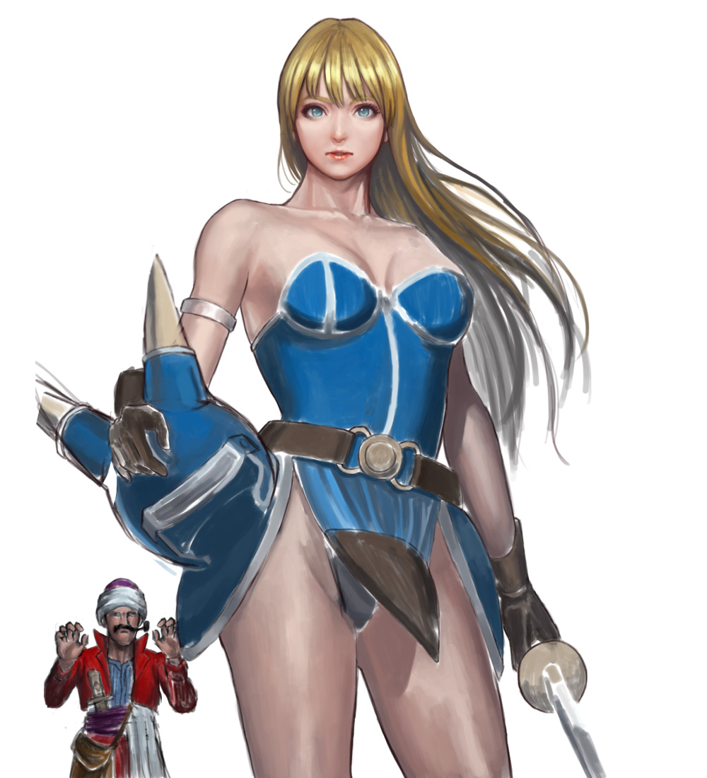 armlet, armor, bare_shoulders, blue_eyes, cowboy_shot, daisy_(dq), dragon_quest_yuusha_abel_densetsu, gloves, helmet, horned_helmet, long_hair, nanba_(tanishi), realistic, redhead, sword, turban, weapon