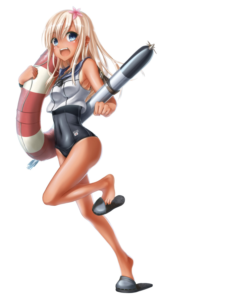 1girl, absurdres, blonde_hair, blue_eyes, cangqiong_zhihen, crop_top, flower, hair_flower, hair_ornament, highres, kantai_collection, lifebuoy, long_hair, one-piece_tan, ro-500_(kantai_collection), sailor_collar, school_swimsuit, swimsuit, swimsuit_under_clothes, tan, tanline, torpedo
