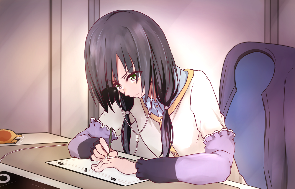 1girl, black_hair, coco3186, desk, drawing, earphones, green_eyes, layered_clothing