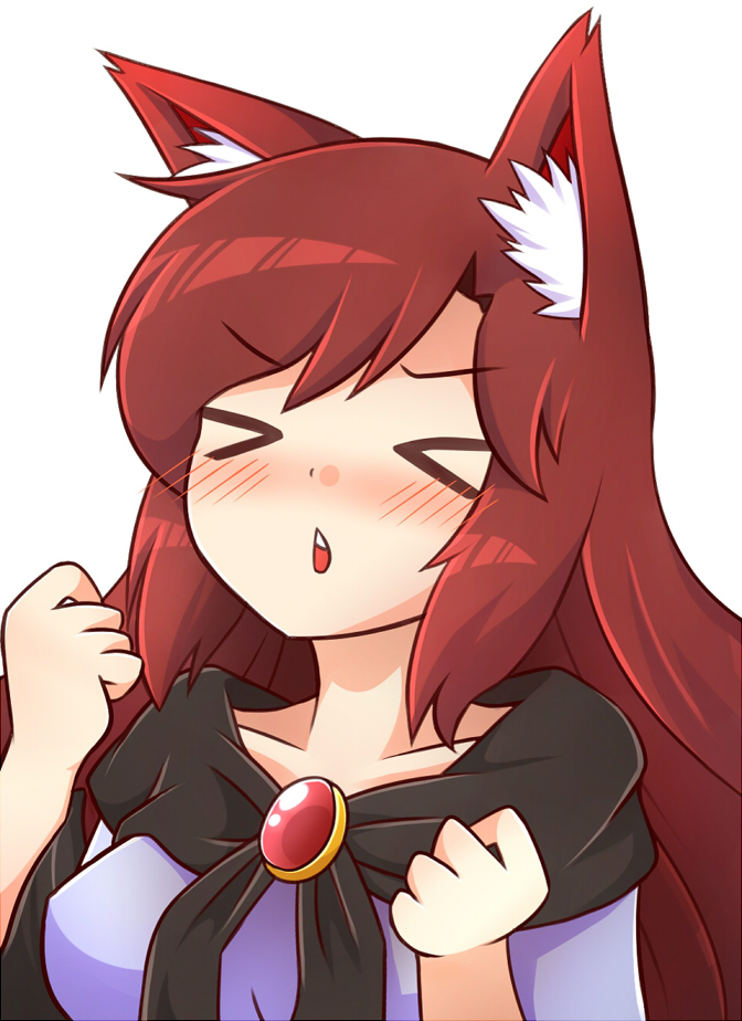 >_<, 1girl, animal_ears, blush, breasts, brooch, brown_hair, clenched_hands