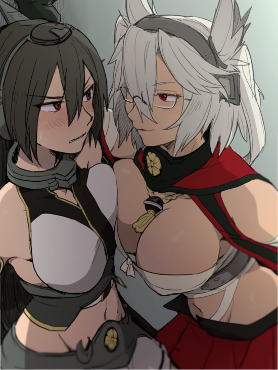 2girls, black_hair, dark_skin, glasses, headgear, ikeshita_moyuko, kantai_collection, long_hair, multiple_girls, musashi_(kantai_collection), nagato_(kantai_collection), red_eyes, sarashi, short_hair, smile, uniform, white_hair
