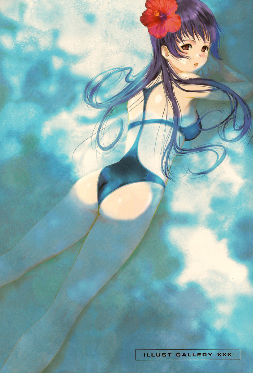 back, bikini, brown_eyes, ecole_du_ciel, flower, gundam, hair_flower, hair_ornament, hibiscus, highres, long_hair, looking_back, mikimoto_haruhiko, natalie_felicetta, purple_hair, scan, swimsuit, water