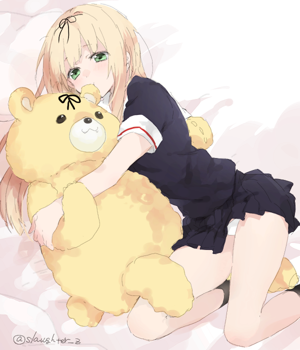 1girl, bangs, biting, blonde_hair, blunt_bangs, blush, ear_biting, green_eyes