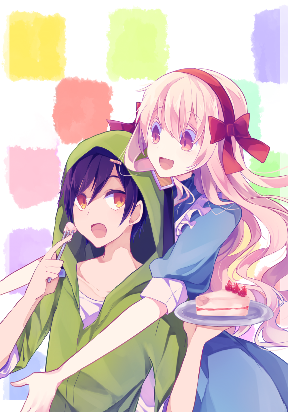 1boy, 1girl, black_hair, blonde_hair, dress, highres, hoodie, kagerou_project