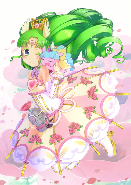 1girl, bare_shoulders, blush, boots, detached_sleeves, dress, drill_hair, falulu