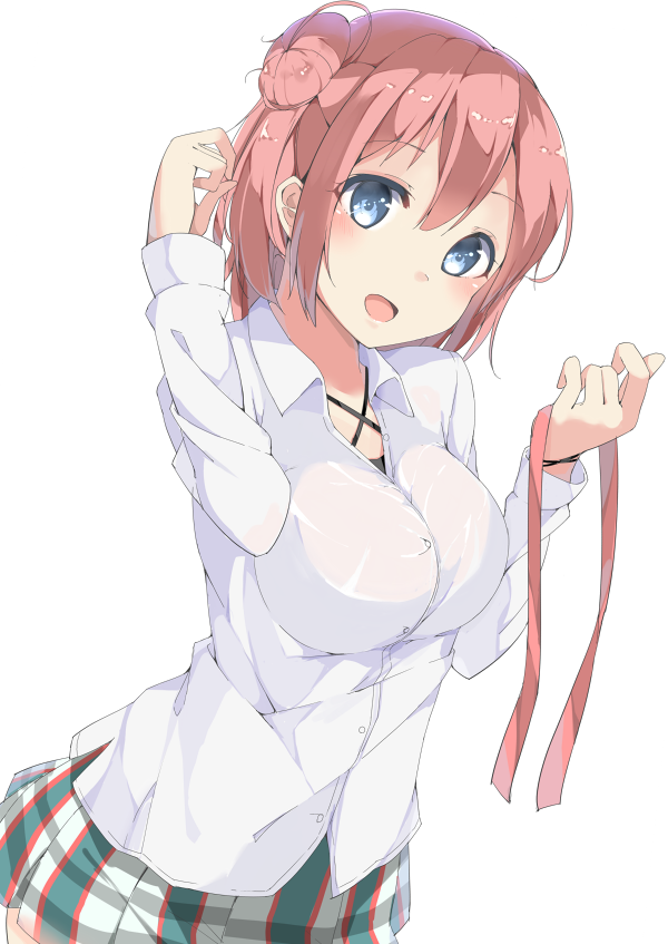 1girl, blue_eyes, blush, breasts, chikuwa., hair_bun, hair_ribbon, hair_tussle