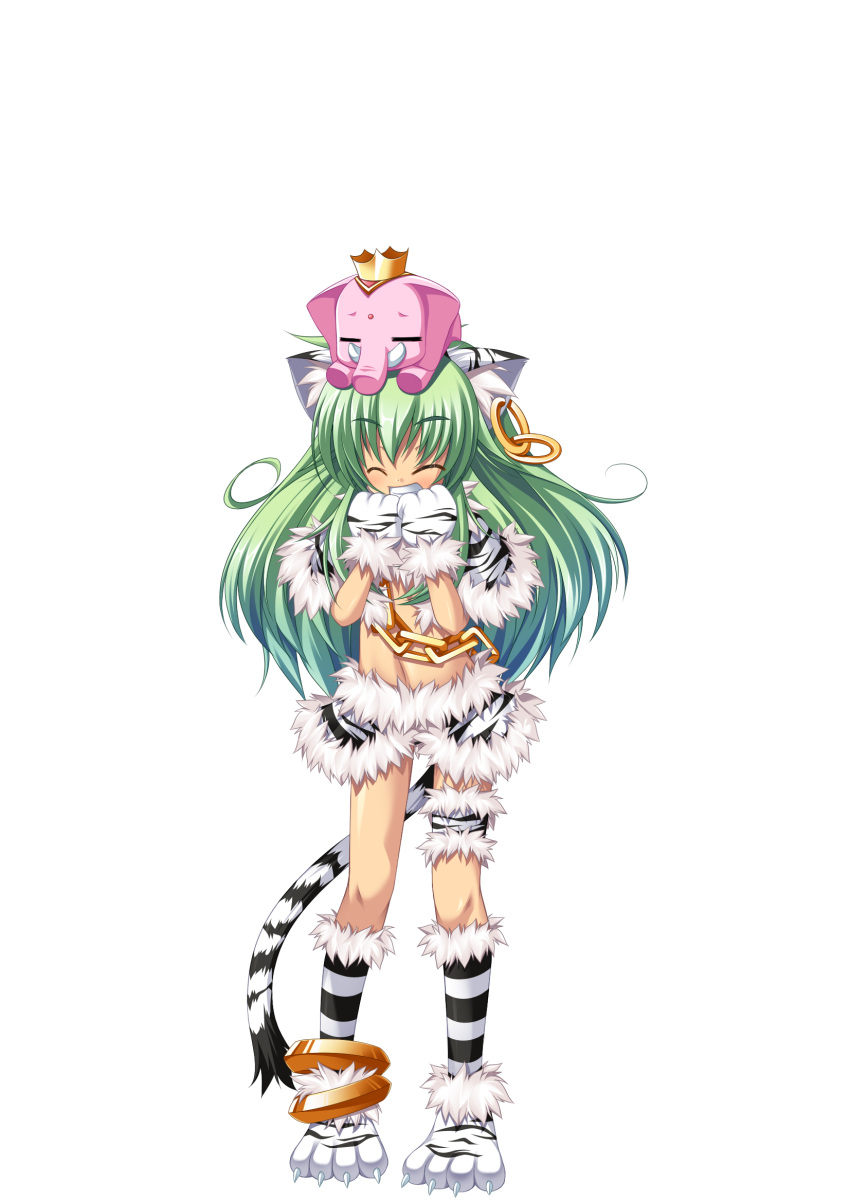 animal_ears, anklet, cat_ears, chain, closed_eyes, crop_top, earrings, elephant