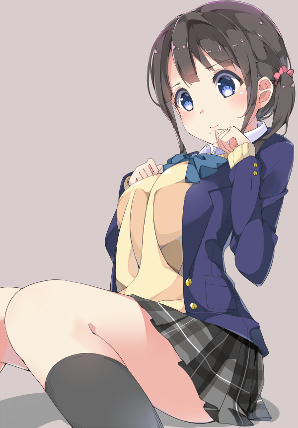 1girl, arched_back, black_legwear, blue_eyes, blush, bowtie, brown_background, brown_hair